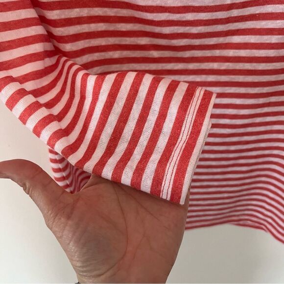 W. Lane Deep Orange White Stripe Linen 3/4 Sleeve Cowl Neck Shirt - Picture 12 of 13